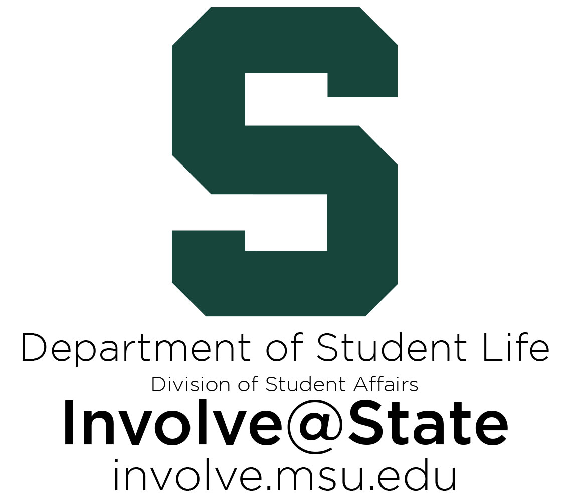 Green Block S with the text underneath. Text says "Department of Student Life, Division of Student Affairs, Involve at State, involve dot msu dot edu